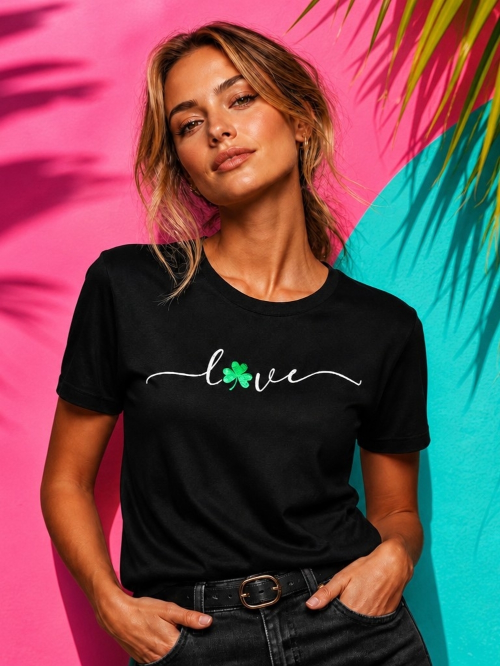 Celebrate It Black Tee with White 'love' Script and Green Clover